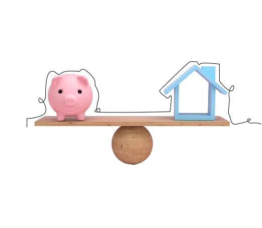 Seesaw balancing a piggy bank and a small house